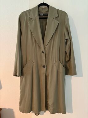 ZARA Olive Khaki Single-Breasted Long Trench Coat
